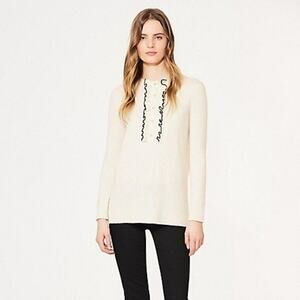 Tory Burch EMILY Cashmere Sweater Gold Logo Pearl Button Front Ivory White XS